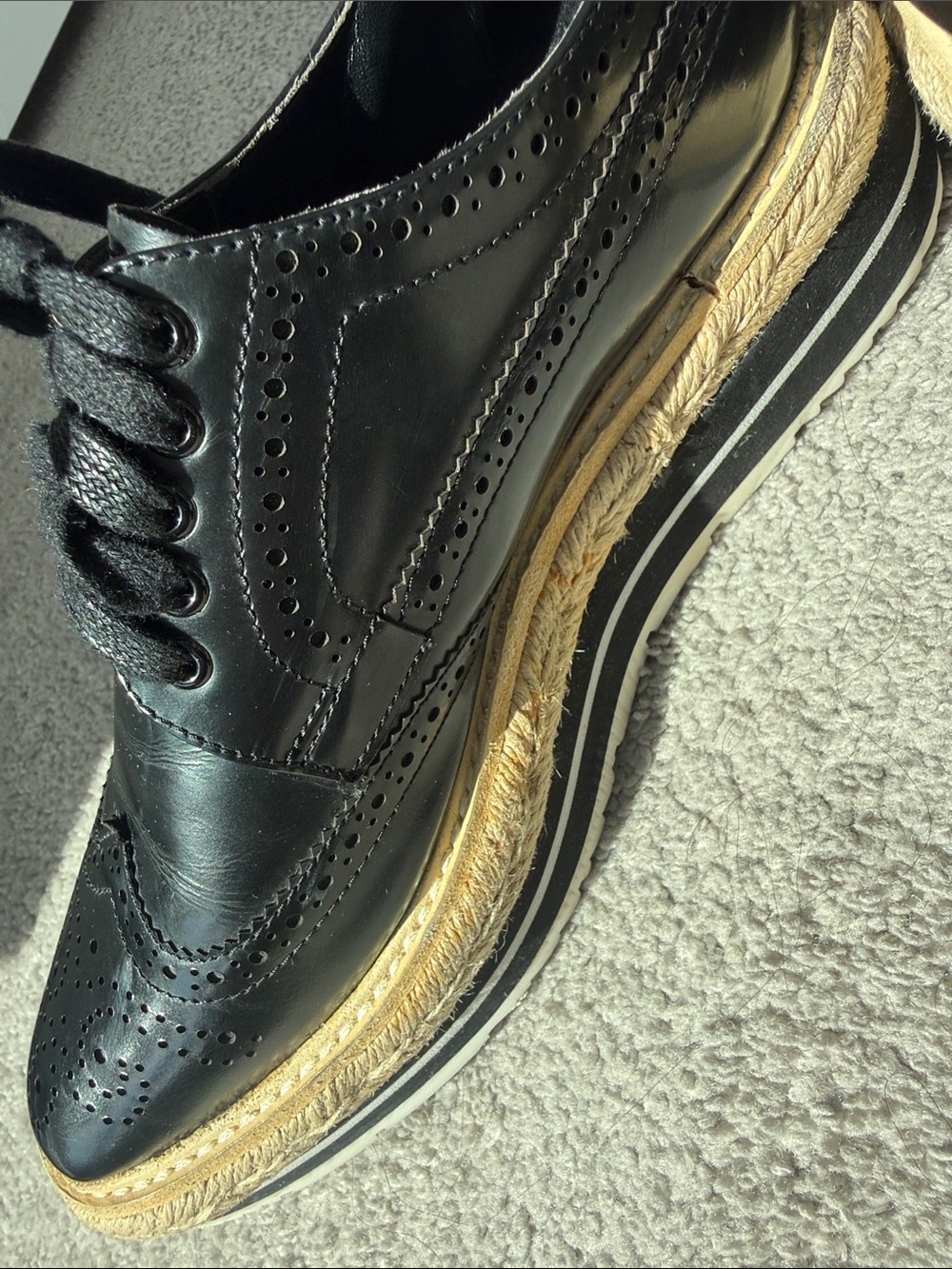 Prada Black Leather Brogues with Natural Tan Platform Sole - Picture 13 of 16